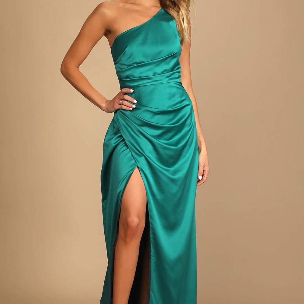 lulus dreaming of elegance dark teal satin one-shoulder maxi dress